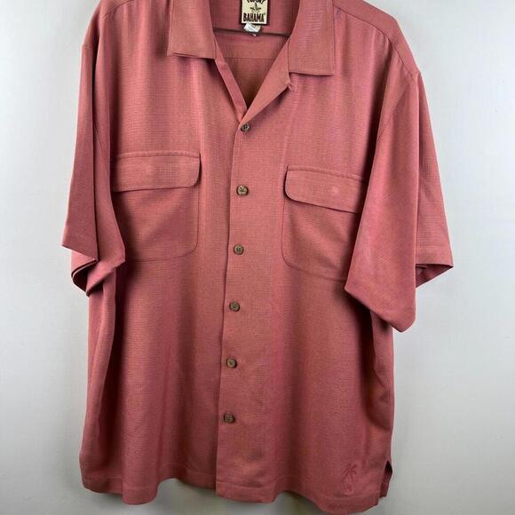 Vintage Tommy Bahama 100% Silk Shirt Mens L Coral Red Camp Aloha Button Up Palm - Picture 1 of 6